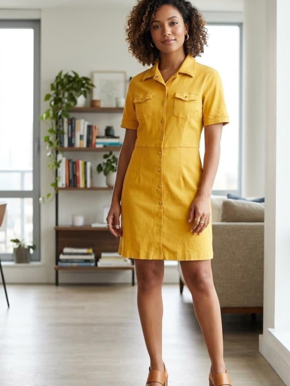 New York & Company Mustard Short-Sleeve Button-Front Dress • Size M